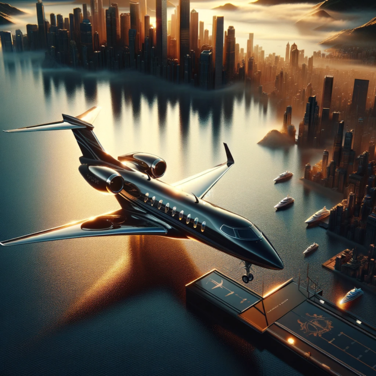 An ultra-detailed image of a luxurious private jet, with a glossy finish and elegant lines, set against a detailed panoramic backdrop of a glamorous city or exotic destination, symbolizing the pinnacle of high-end, exclusive travel.