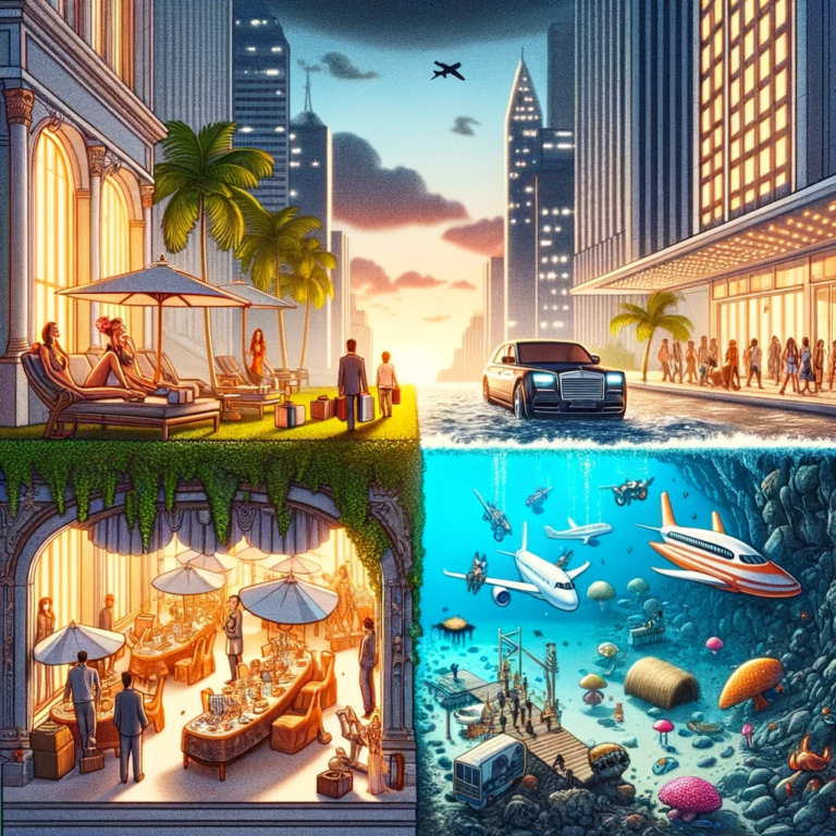 An image divided into two contrasting scenes: one side shows a luxurious travel setting with a fancy hotel and elegant travelers, while the other side reveals environmental impacts, crowded tourist areas, and cultural disconnection.