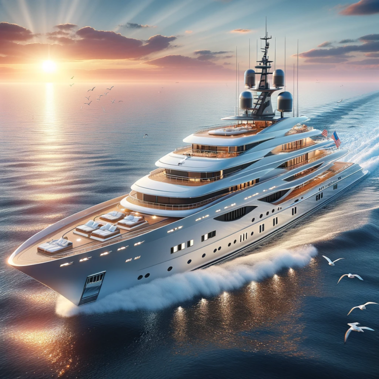 A grand and modern yacht sailing on a calm ocean, under a blue sky with a stunning sunset in the background, featuring multiple decks, a pool, and outdoor lounging areas, with seagulls flying nearby.