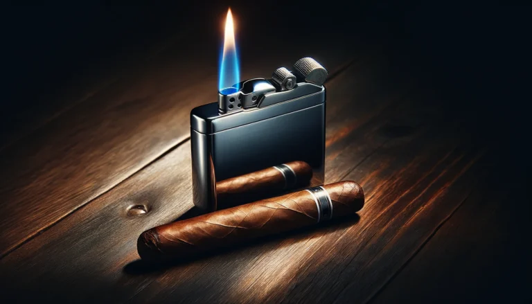 A sleek metal cigar lighter with a blue flame gently lighting a well-rolled cigar on a dark wood surface