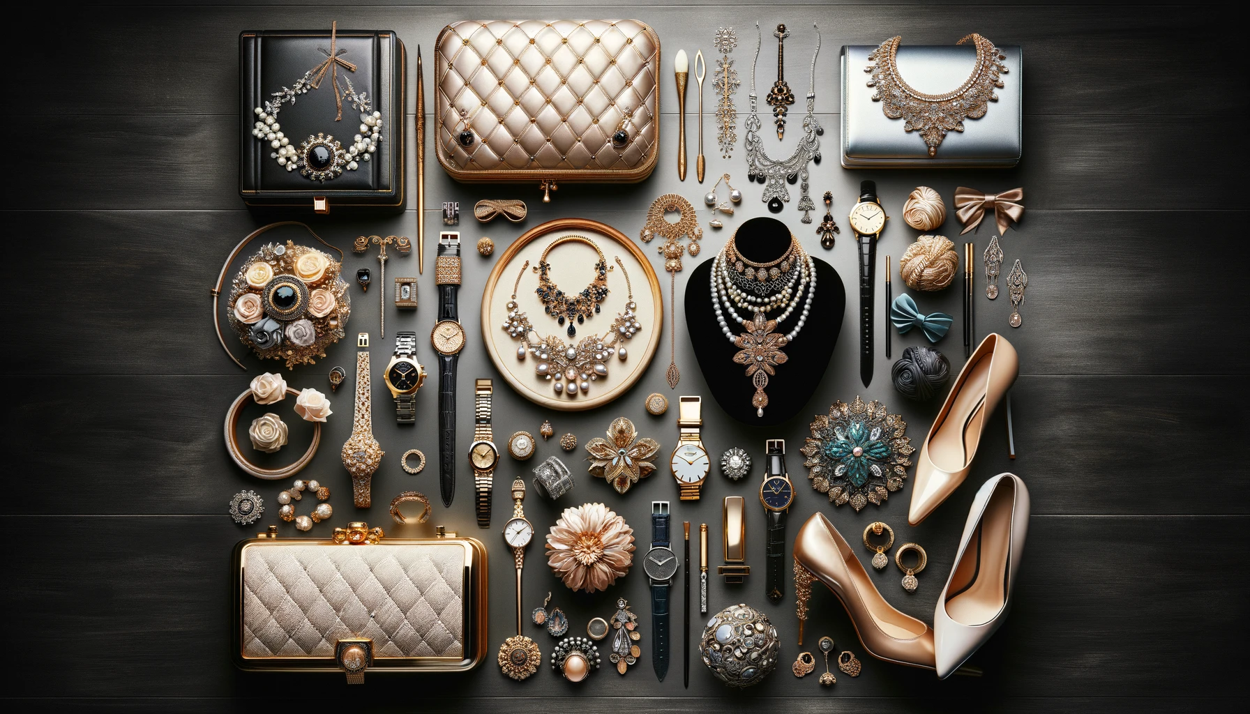 A selection of accessories for special events, including jewelry, watches, clutches, and shoes, displayed creatively.