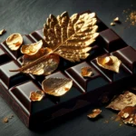 A luxurious dark chocolate bar adorned with 24-karat gold leaves, showcasing a blend of gourmet delight and ultimate luxury.