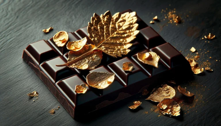 A luxurious dark chocolate bar adorned with 24-karat gold leaves, showcasing a blend of gourmet delight and ultimate luxury.