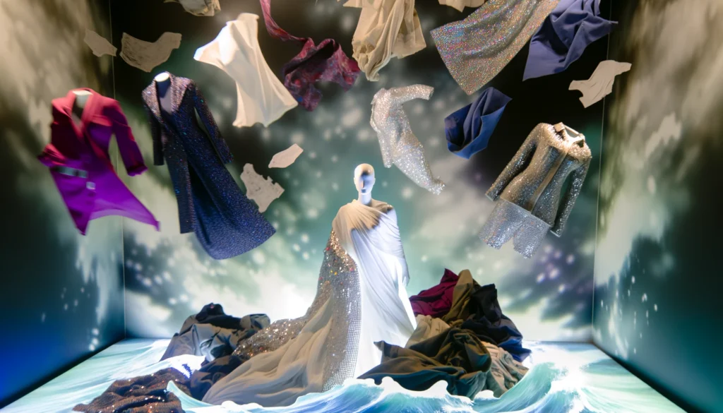 A mannequin emerges from an ocean of fabric, symbolizing the transformation of vulnerability into strength, surrounded by garments that tell stories of resilience