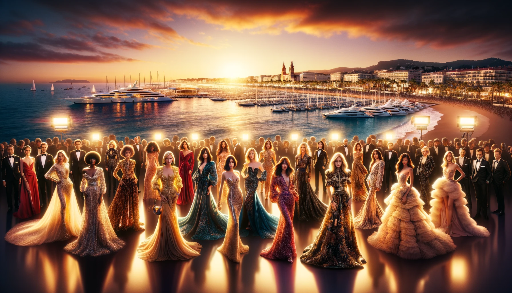Cannes Film Festival scene featuring Starlettes in haute couture against a golden sunset on the Croisette