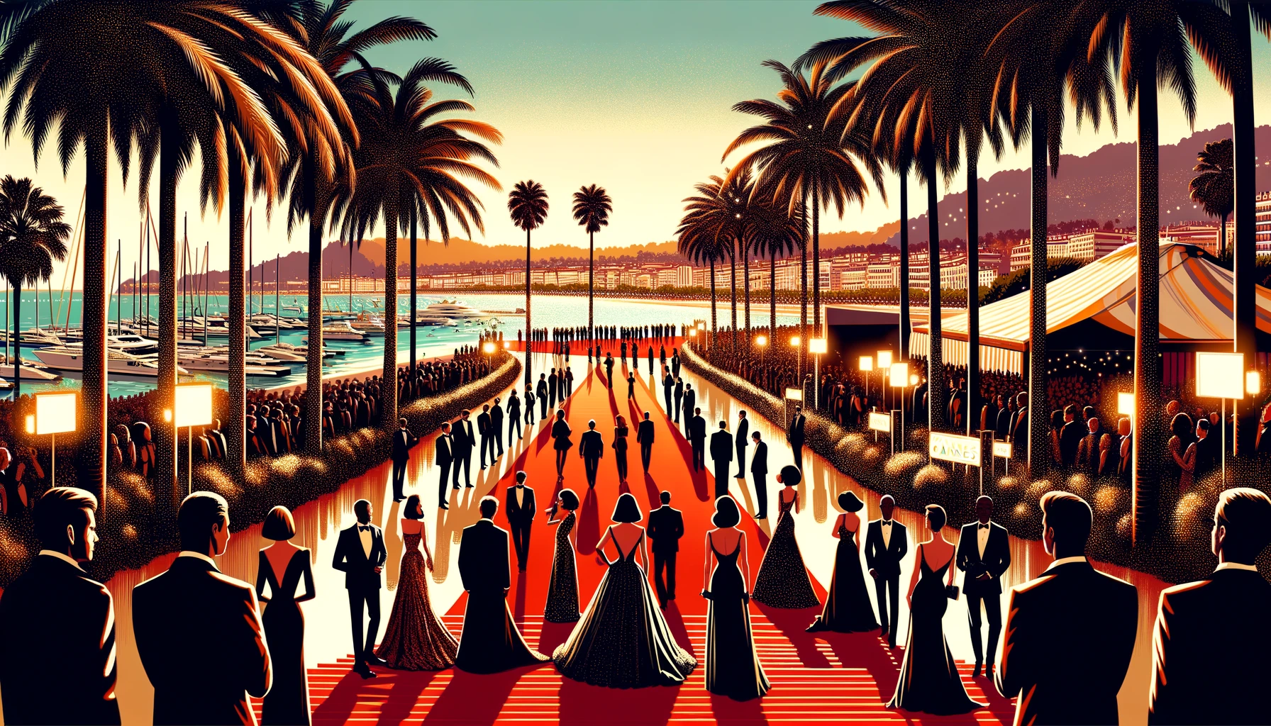 The Cannes Film Festival showing a red carpet amidst palm trees, with people in evening wear and the Mediterranean Sea in the background