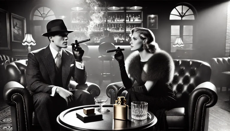 A stylish black and white film noir scene with a sophisticated man and woman enjoying cigars in an elegant, dimly-lit lounge. A gold Dupont lighter is prominently placed on the table.