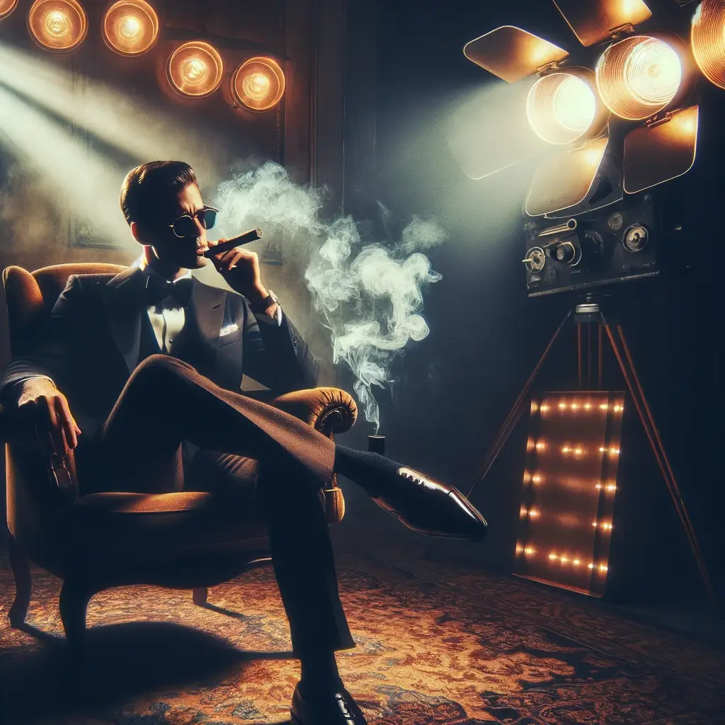 Elegant person in a vintage room holding a cigar, embodying old Hollywood glamour and cigar culture