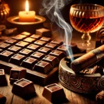 Luxurious pairing of dark chocolate squares and a premium cigar with a glass of dark liquor on a wooden table, bathed in warm light