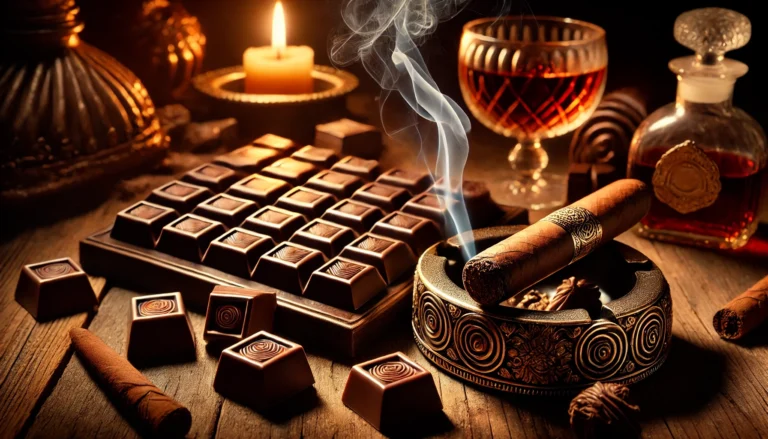 Luxurious pairing of dark chocolate squares and a premium cigar with a glass of dark liquor on a wooden table, bathed in warm light